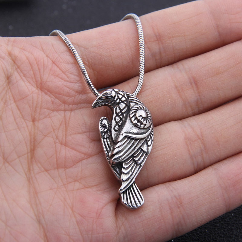 Stainless Steel Mjolnir Raven Pendant with Magnetic Raven and Chain