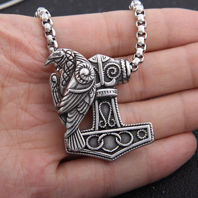 Stainless Steel Mjolnir Raven Pendant with Magnetic Raven and Chain