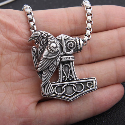 Stainless Steel Mjolnir Raven Pendant with Magnetic Raven and Chain