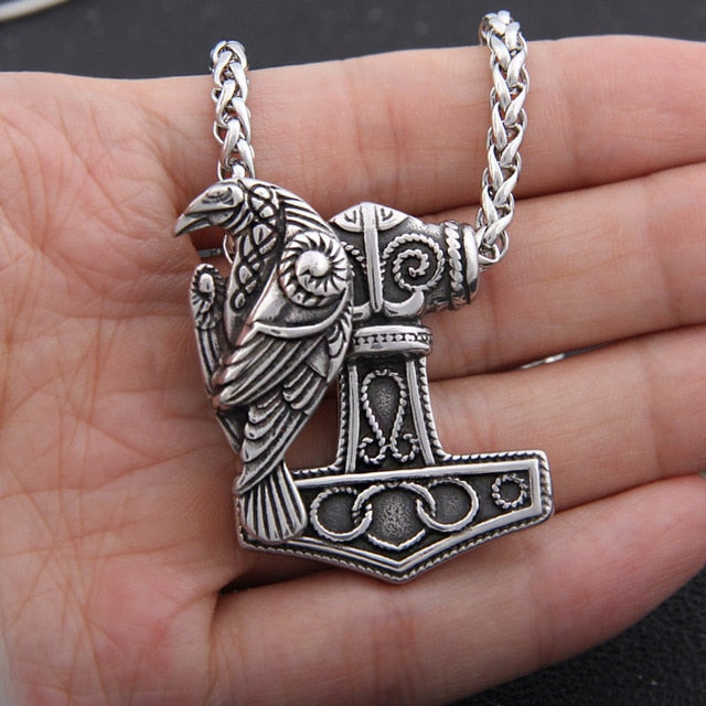 Stainless Steel Mjolnir Raven Pendant with Magnetic Raven and Chain
