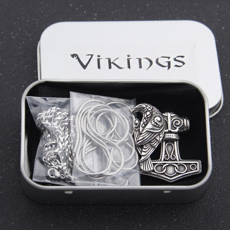 Stainless Steel Mjolnir Raven Pendant with Magnetic Raven and Chain