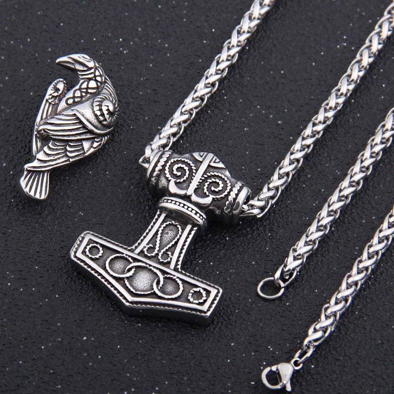 Stainless Steel Mjolnir Raven Pendant with Magnetic Raven and Chain