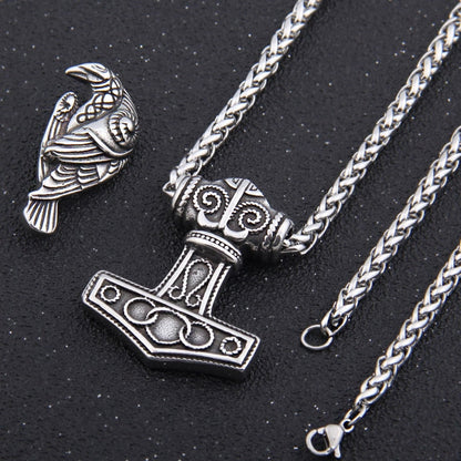 Stainless Steel Mjolnir Raven Pendant with Magnetic Raven and Chain