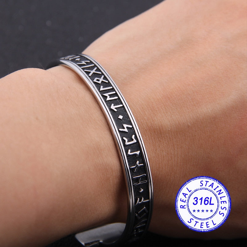 Nordic Rune Adjustable Stainless Steel Bracelet with Viking Symbols