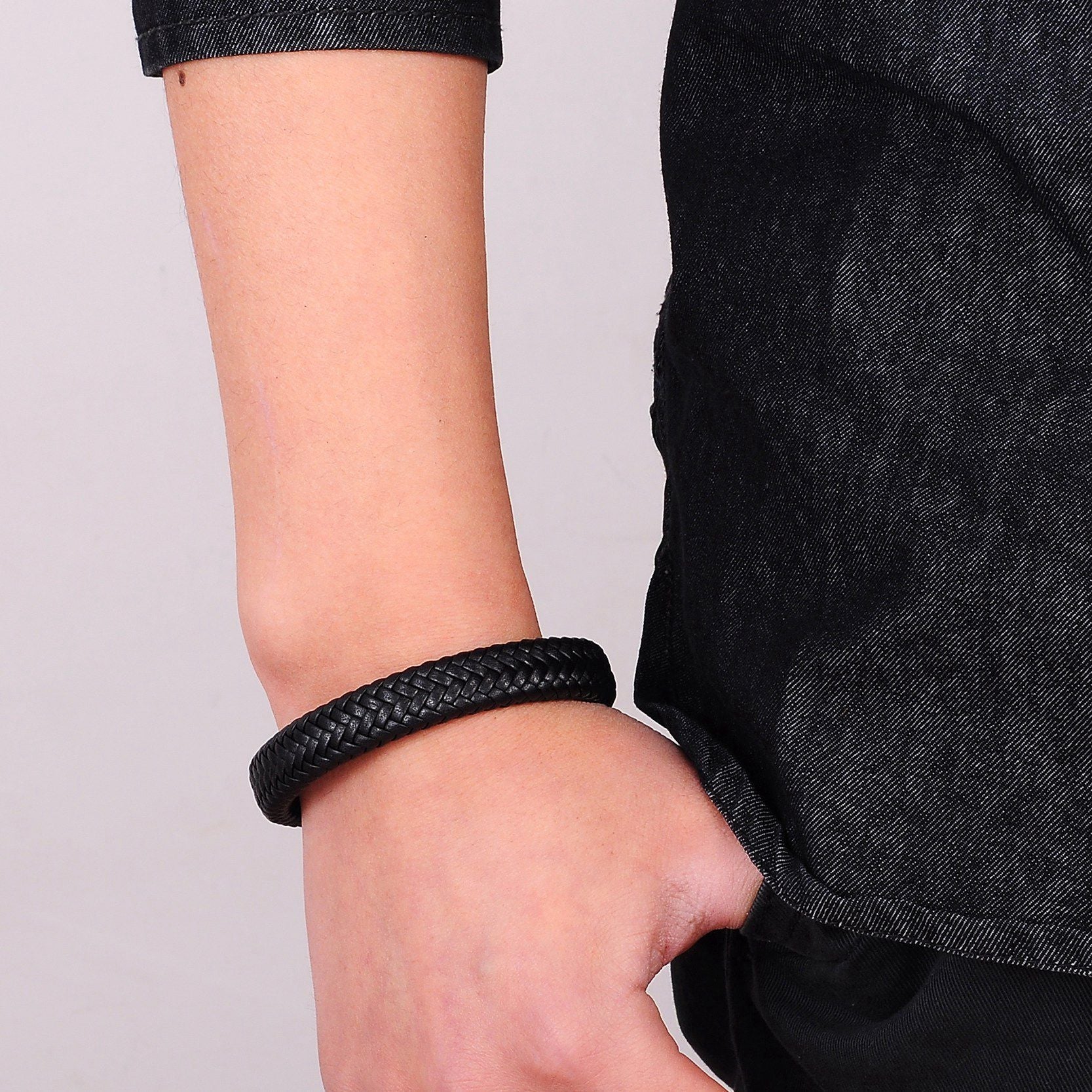 Premium Braided Leather Bracelet with Stainless Magnetic Clasp, Durable Style