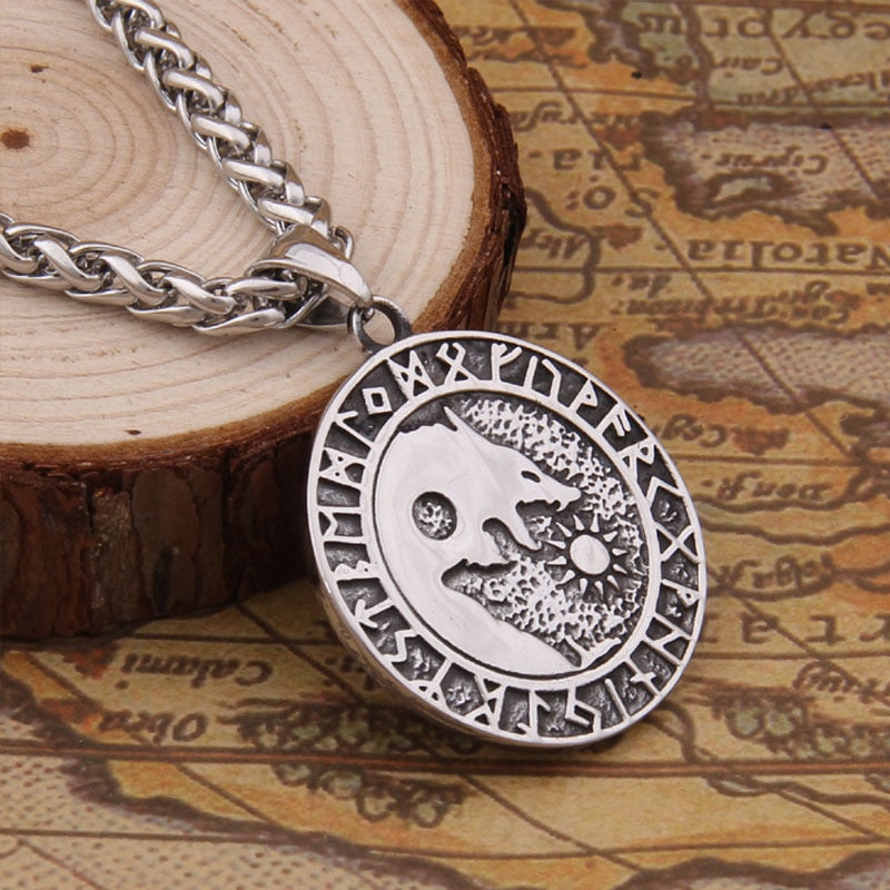 Viking Wolf Sun and Moon Stainless Steel Pendant Necklace