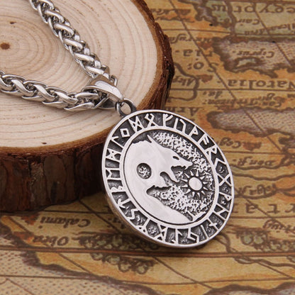 Viking Wolf Sun and Moon Stainless Steel Pendant Necklace
