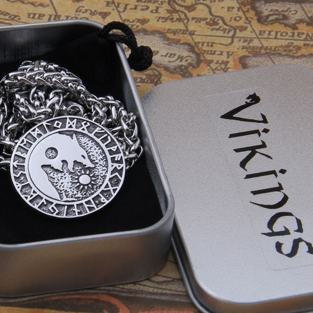 Viking Wolf Sun and Moon Stainless Steel Pendant Necklace