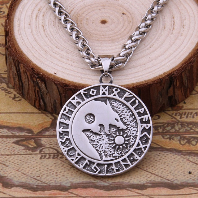 Viking Wolf Sun and Moon Stainless Steel Pendant Necklace
