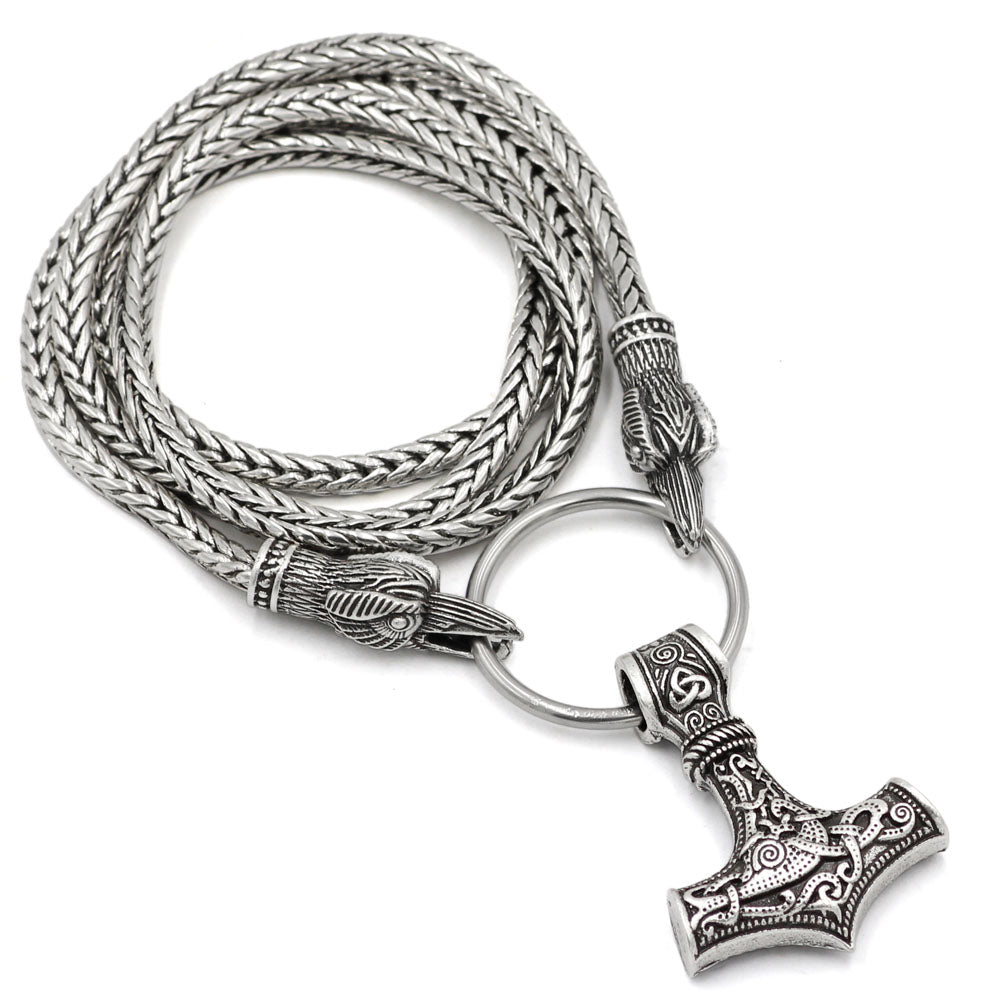 Viking Mjolnir Raven Heads Pendant Necklace with 60cm Chain