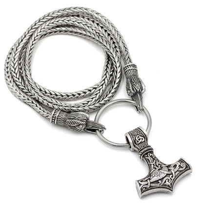 Viking Mjolnir Raven Heads Pendant Necklace with 60cm Chain