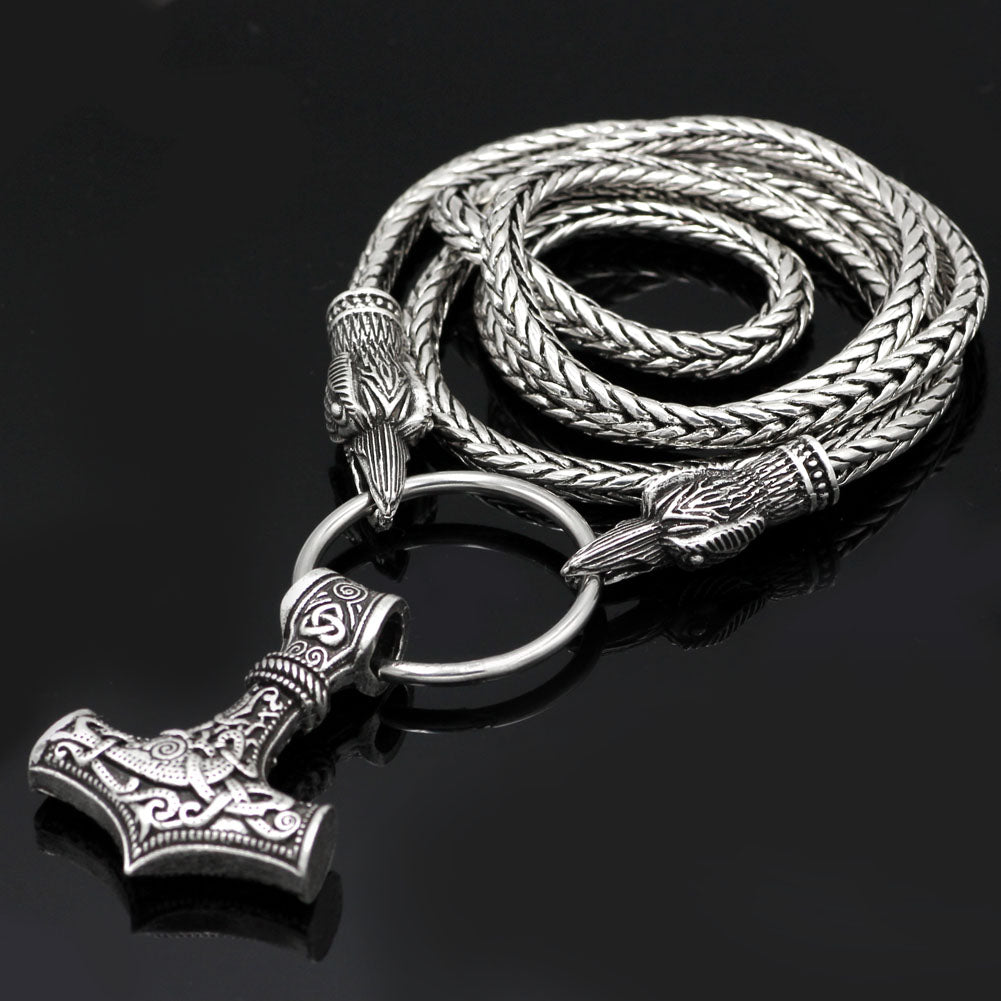 Viking Mjolnir Raven Heads Pendant Necklace with 60cm Chain