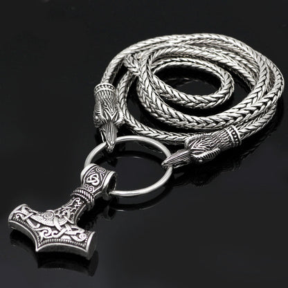 Viking Mjolnir Raven Heads Pendant Necklace with 60cm Chain