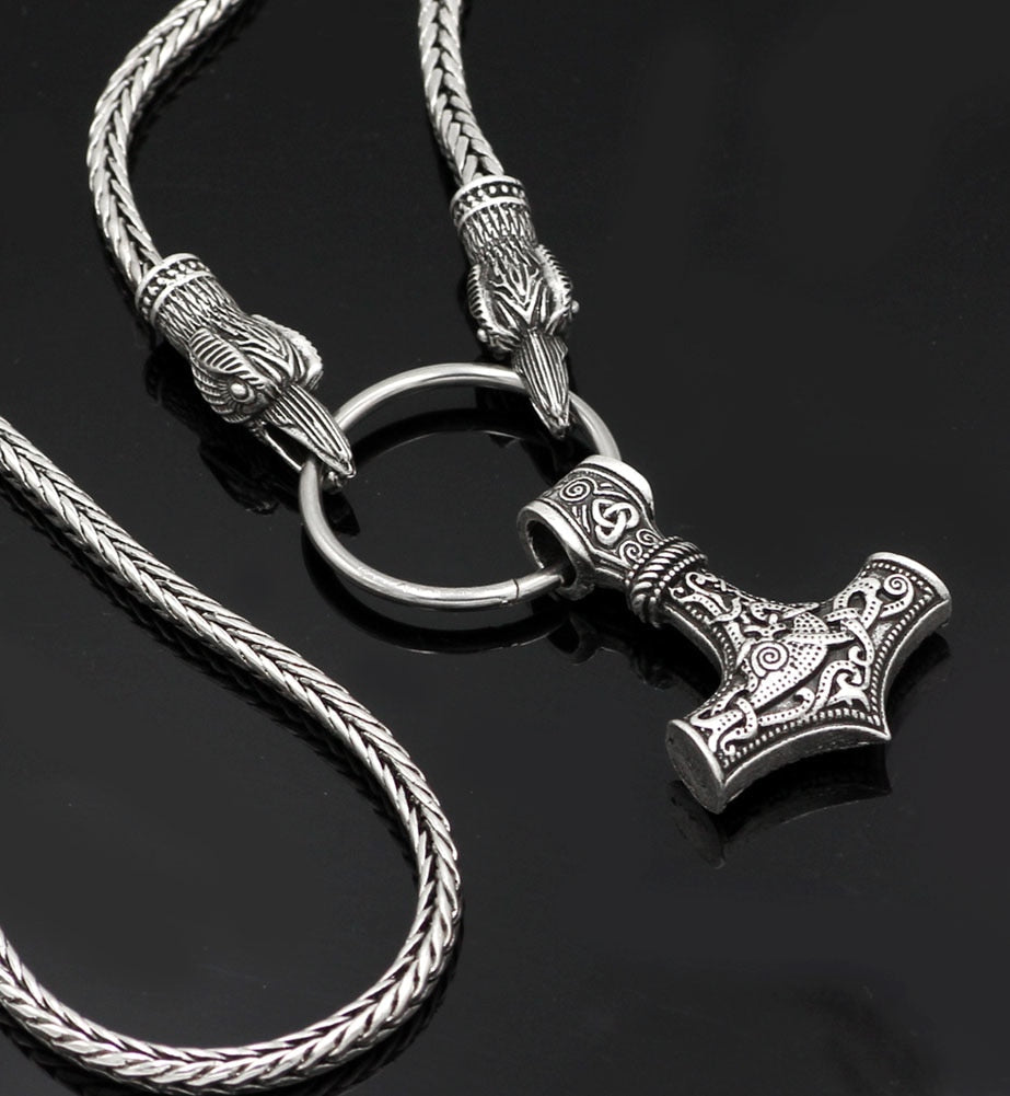 Viking Mjolnir Raven Heads Pendant Necklace with 60cm Chain