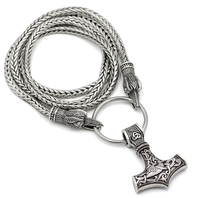 Viking Mjolnir Raven Heads Pendant Necklace with 60cm Chain