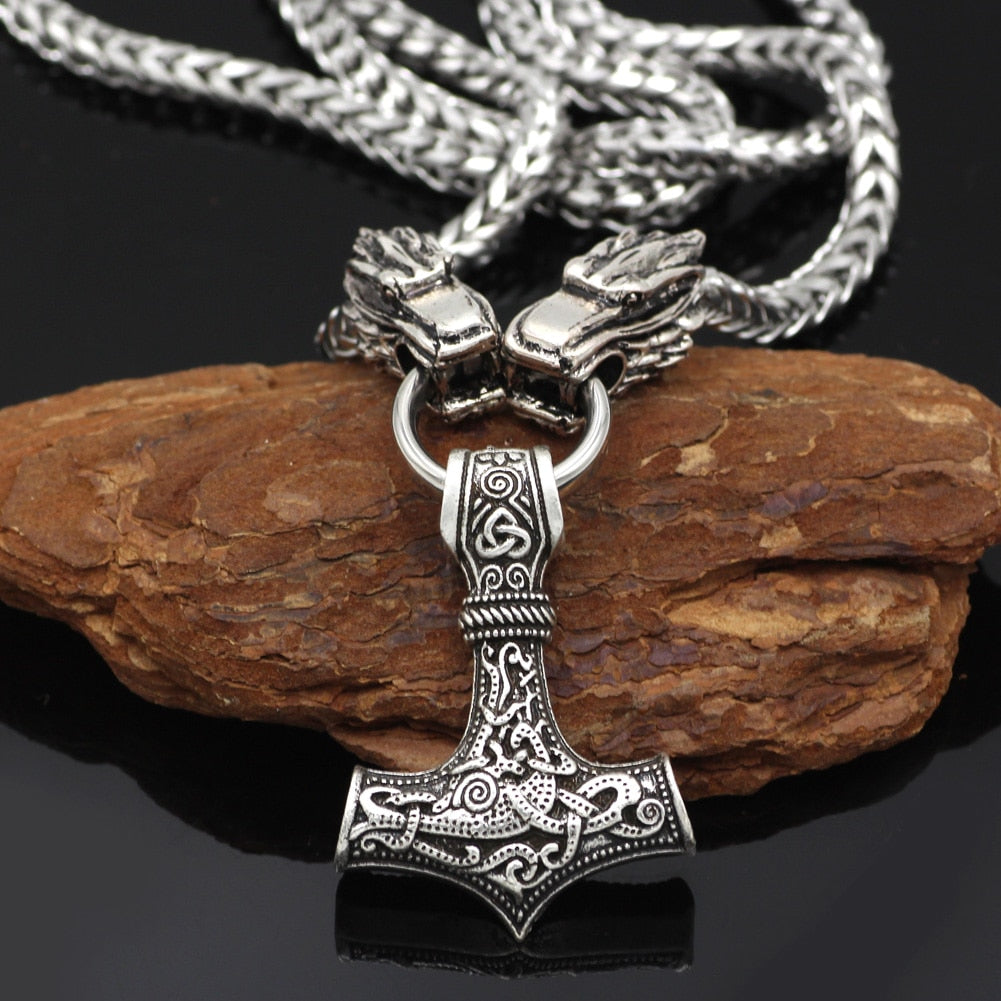 Viking Mjolnir Wolf Heads Amulet Pendant with 60cm Box Chain