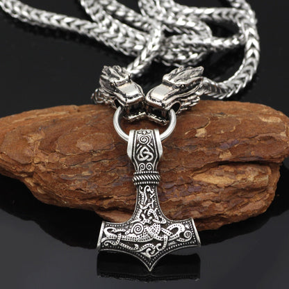Viking Mjolnir Wolf Heads Amulet Pendant with 60cm Box Chain