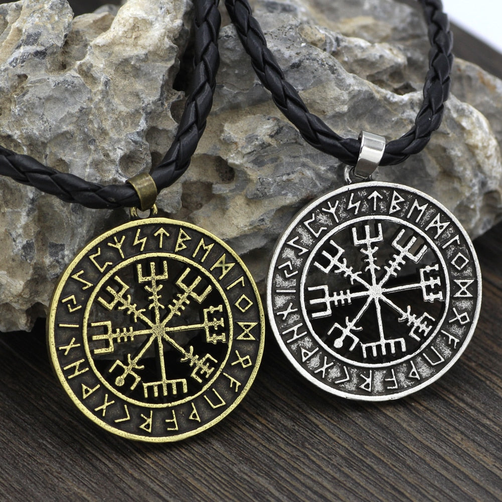 Vegvisir Viking Compass Rune Necklace with Faux Leather Cord