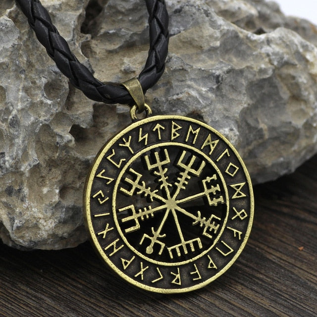 Vegvisir Viking Compass Rune Necklace with Faux Leather Cord