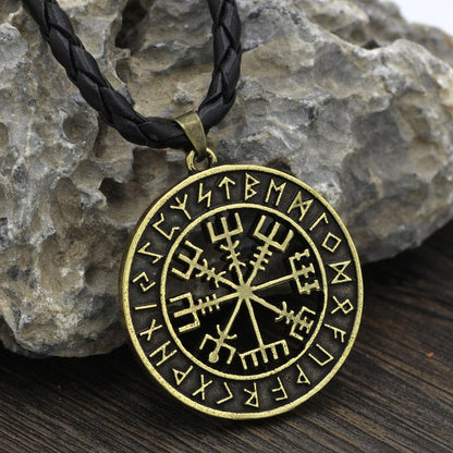 Vegvisir Viking Compass Rune Necklace with Faux Leather Cord