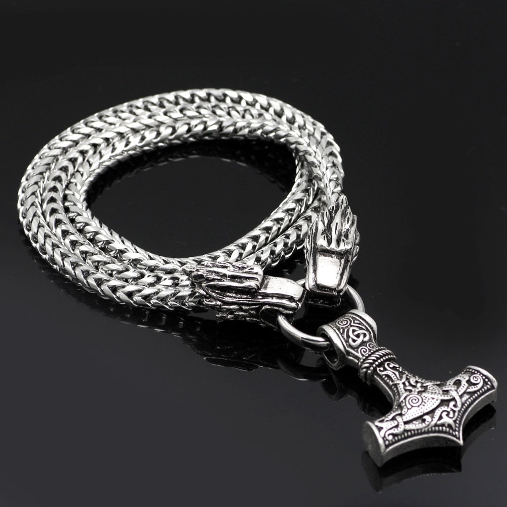 Viking Mjolnir Wolf Heads Amulet Pendant with 60cm Box Chain