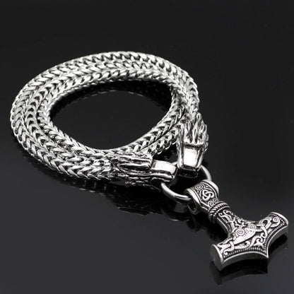 Viking Mjolnir Wolf Heads Amulet Pendant with 60cm Box Chain