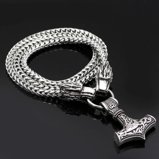Viking Mjolnir Wolf Heads Amulet Pendant with 60cm Box Chain