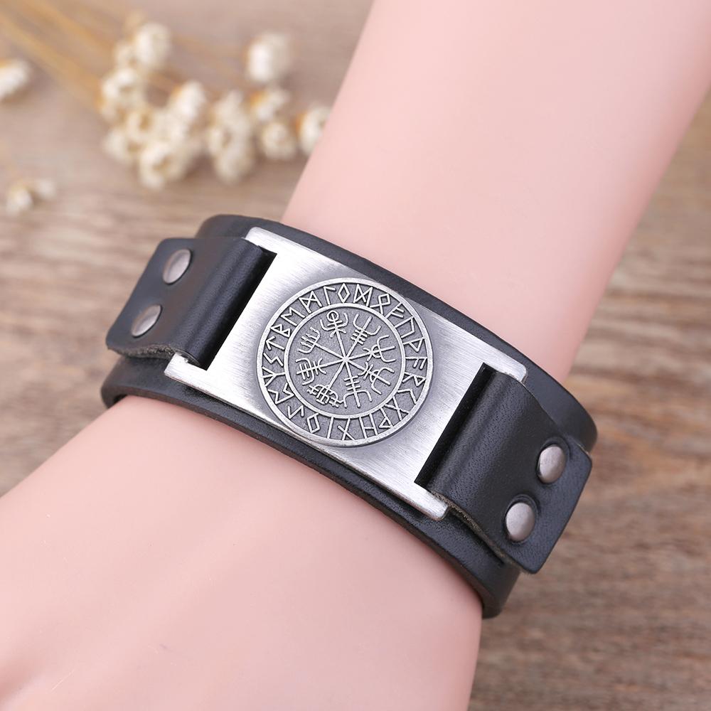 Vegvisir Viking Compass Leather Bracelet with Plated Metal Charm