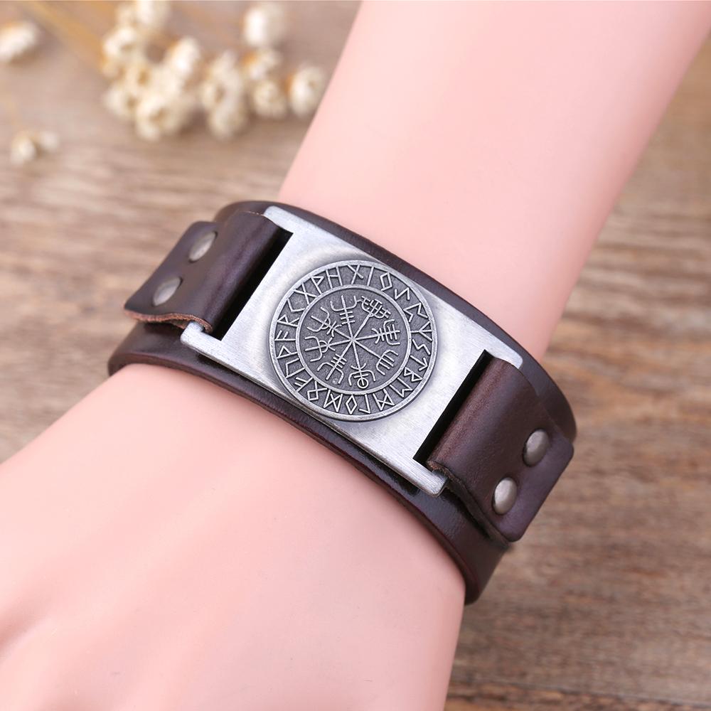 Vegvisir Viking Compass Leather Bracelet with Plated Metal Charm