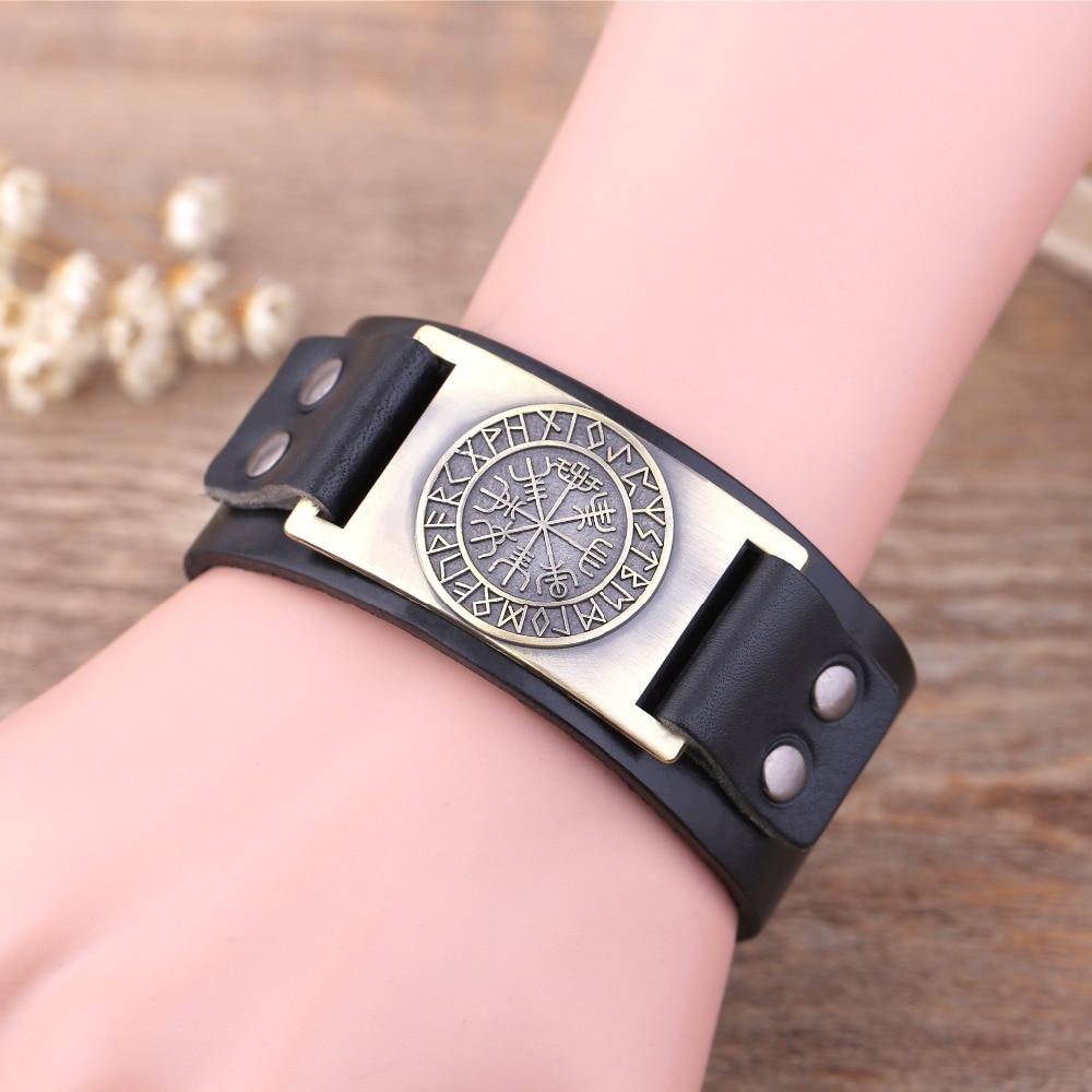 Vegvisir Viking Compass Leather Bracelet with Plated Metal Charm