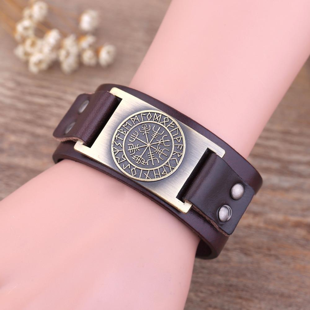 Vegvisir Viking Compass Leather Bracelet with Plated Metal Charm
