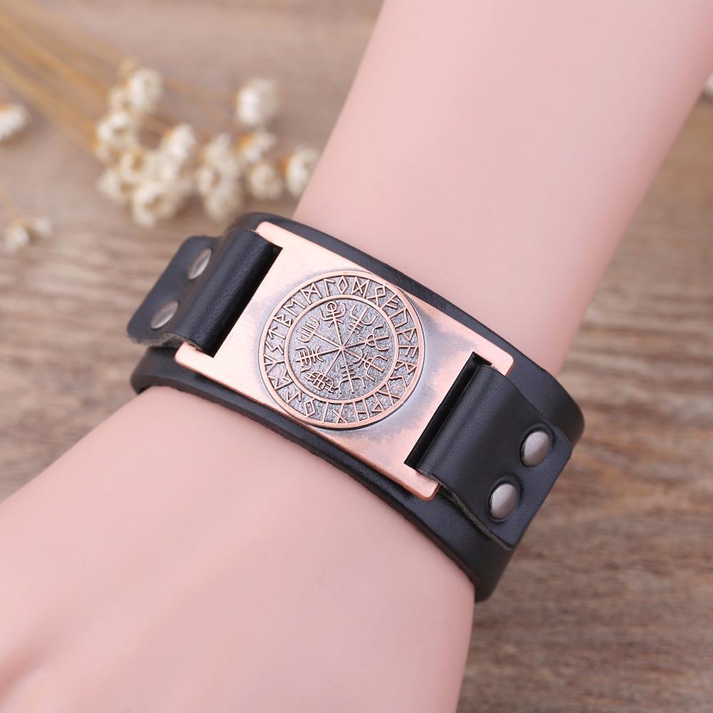 Vegvisir Viking Compass Leather Bracelet with Plated Metal Charm
