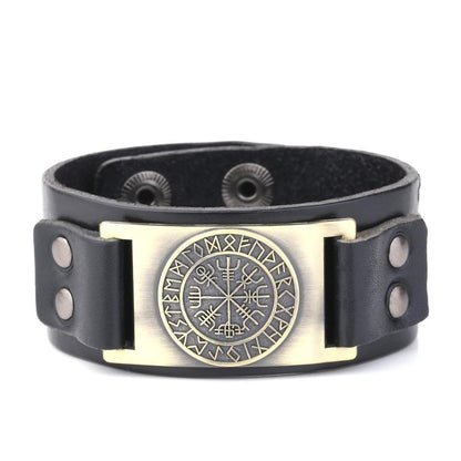 Vegvisir Viking Compass Leather Bracelet with Plated Metal Charm