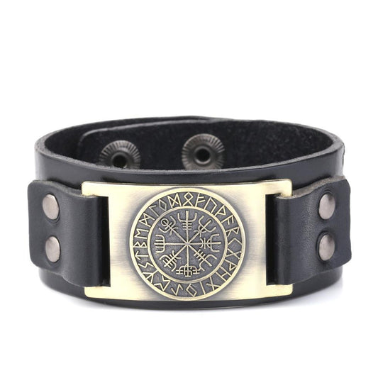 Vegvisir Viking Compass Leather Bracelet with Plated Metal Charm