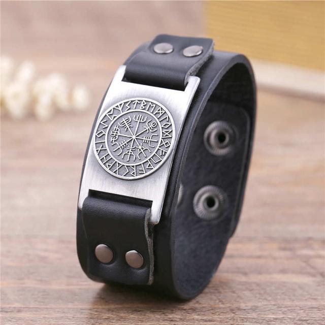 Vegvisir Viking Compass Leather Bracelet with Plated Metal Charm
