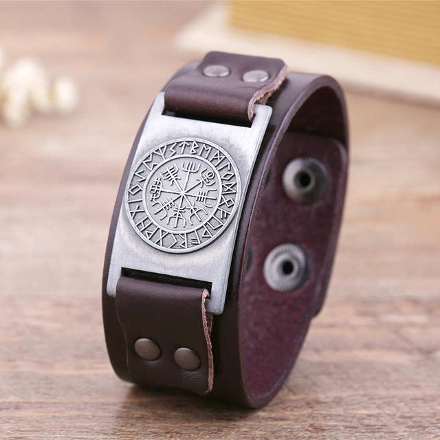 Vegvisir Viking Compass Leather Bracelet with Plated Metal Charm