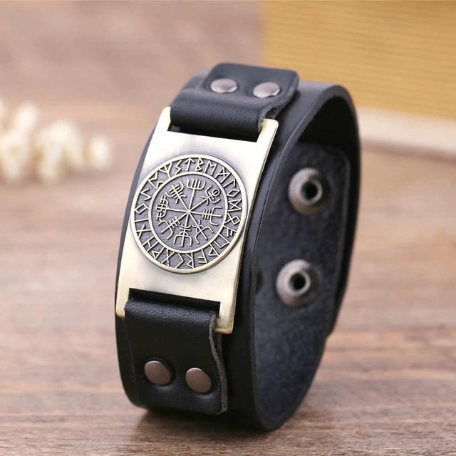 Vegvisir Viking Compass Leather Bracelet with Plated Metal Charm