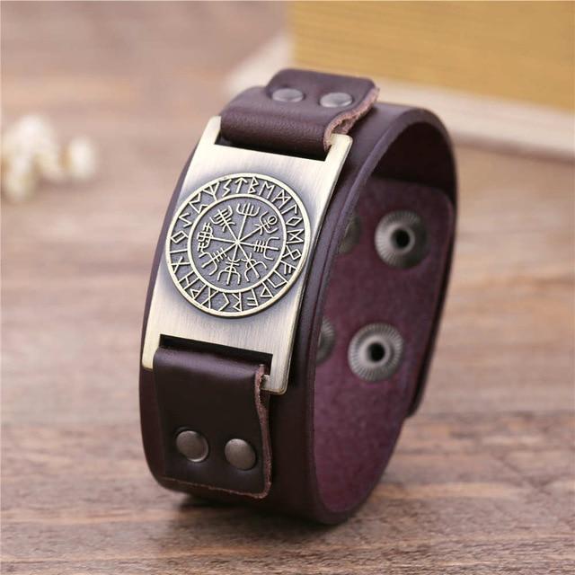 Vegvisir Viking Compass Leather Bracelet with Plated Metal Charm