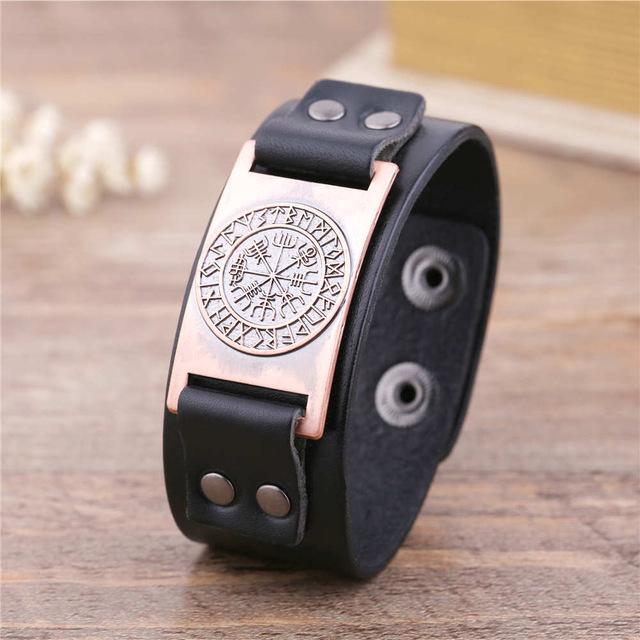 Vegvisir Viking Compass Leather Bracelet with Plated Metal Charm