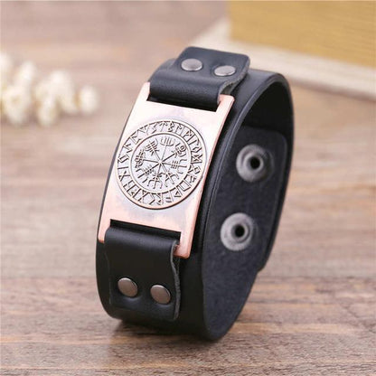 Vegvisir Viking Compass Leather Bracelet with Plated Metal Charm