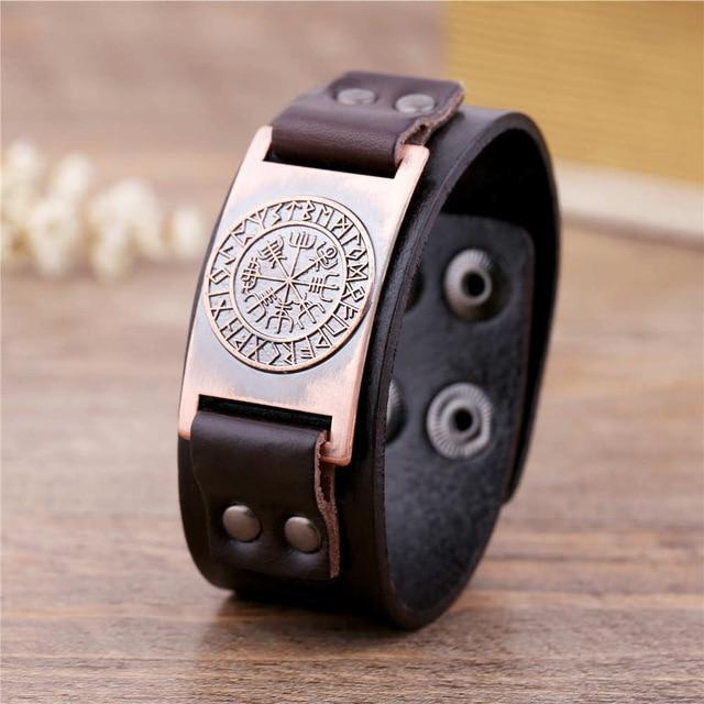 Vegvisir Viking Compass Leather Bracelet with Plated Metal Charm