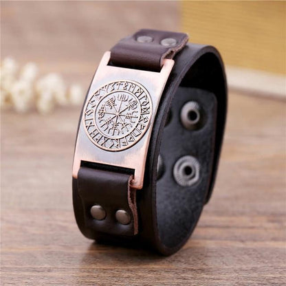 Vegvisir Viking Compass Leather Bracelet with Plated Metal Charm