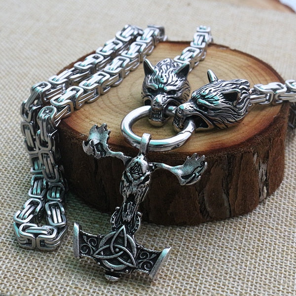 Viking Stag Skull Mjolnir Pendant Necklace Heavy Zinc Alloy Chain