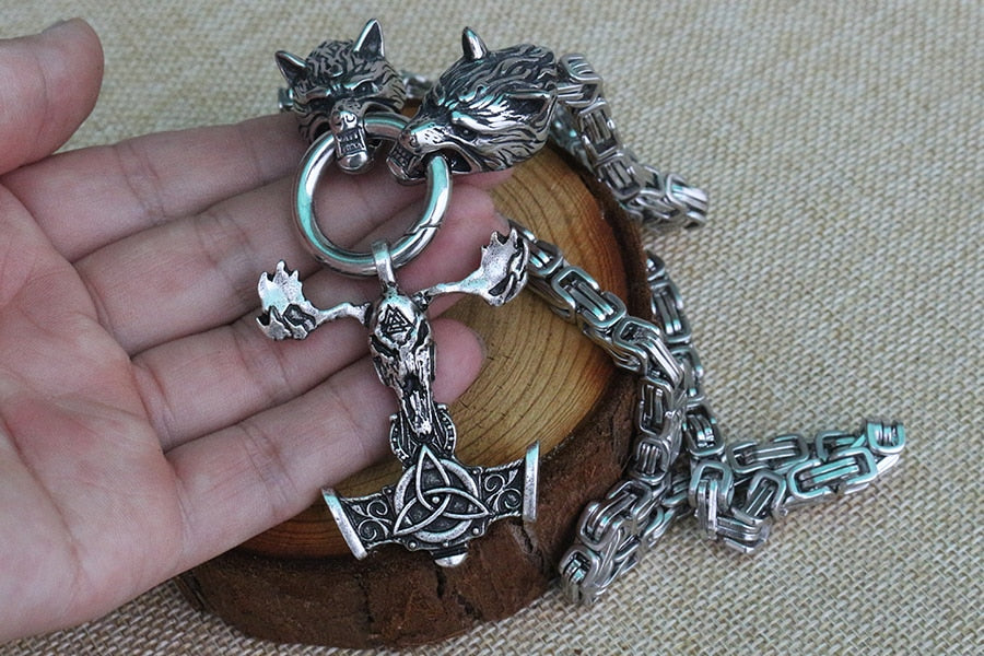 Viking Stag Skull Mjolnir Pendant Necklace Heavy Zinc Alloy Chain