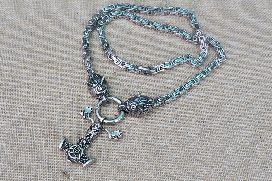 Viking Stag Skull Mjolnir Pendant Necklace Heavy Zinc Alloy Chain