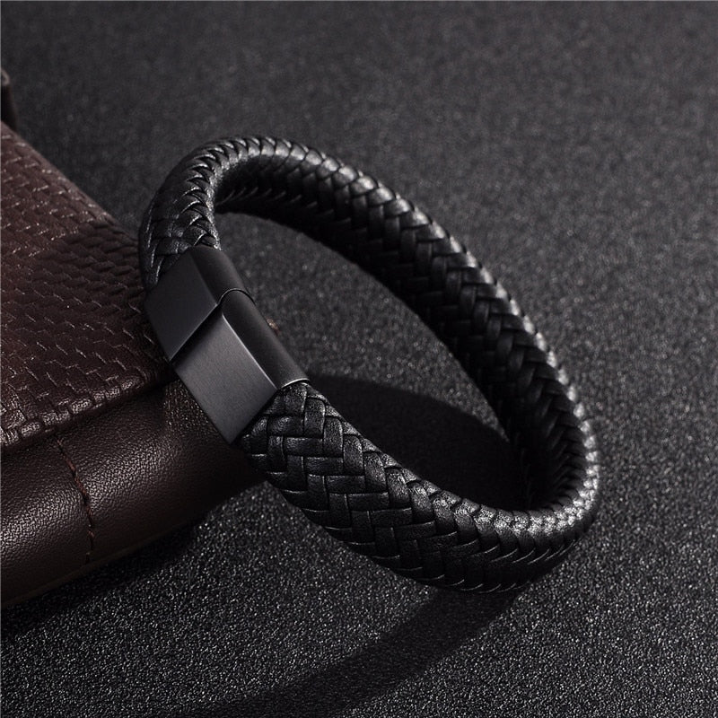 Premium Braided Leather Bracelet with Stainless Magnetic Clasp, Durable Style