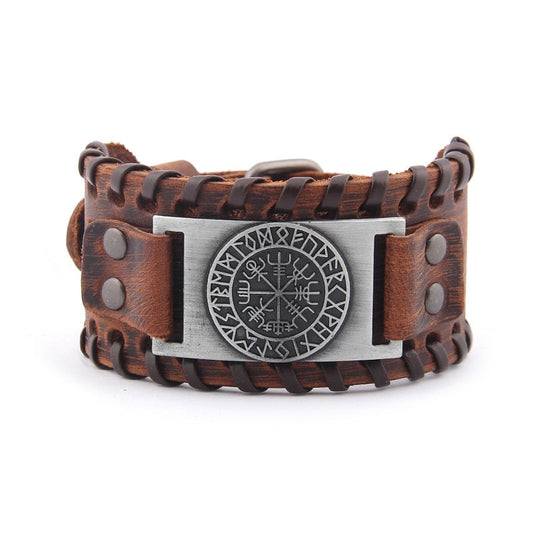 Vegvisir Viking Leather Bracelet Adjustable Norse Compass Charm
