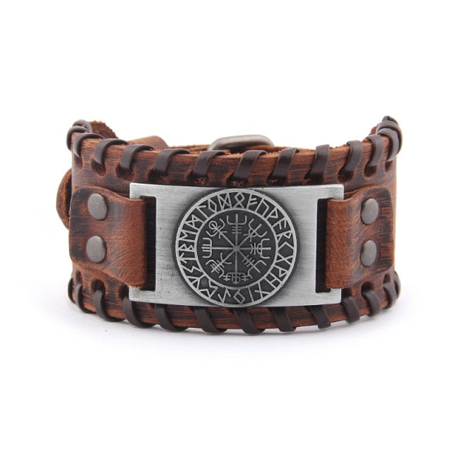 Vegvisir Viking Leather Bracelet Adjustable Norse Compass Charm
