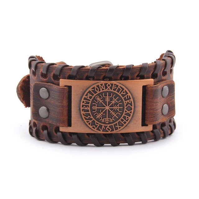 Vegvisir Viking Leather Bracelet Adjustable Norse Compass Charm