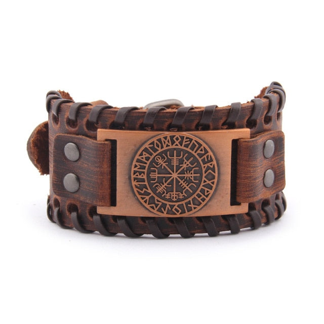 Vegvisir Viking Leather Bracelet Adjustable Norse Compass Charm